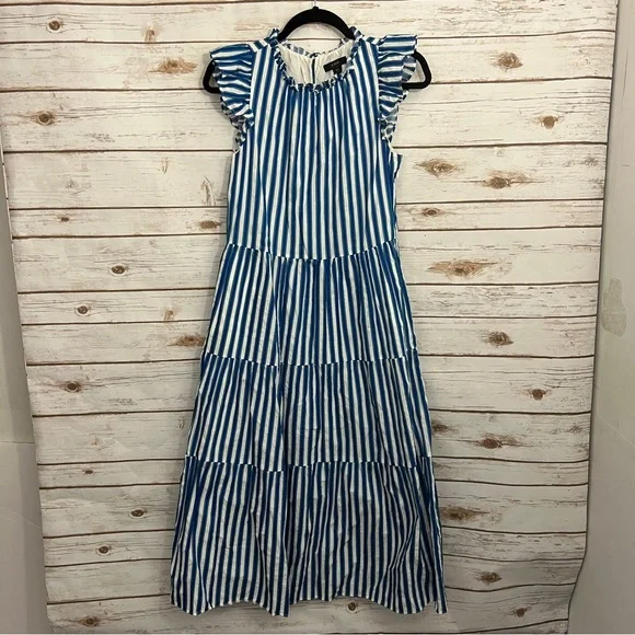 J Crew Blue White Striped Tiered Cotton Dobby MIDI Tank Dress - Picture 6 of 6